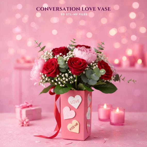 Conversation Heart Vase STL File, Love Candy Words Decor, Valentine’s Day Pink Boot, 3D Printable Vase