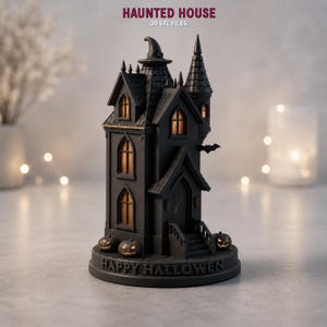 May include: A black haunted house model with lit windows, a bat silhouette, and three jack-o'-lanterns at the base. The circular platform features the text HAPPY HALLOWEN. The top of the image displays the text HAUNTED HOUSE 3D STL FILES.