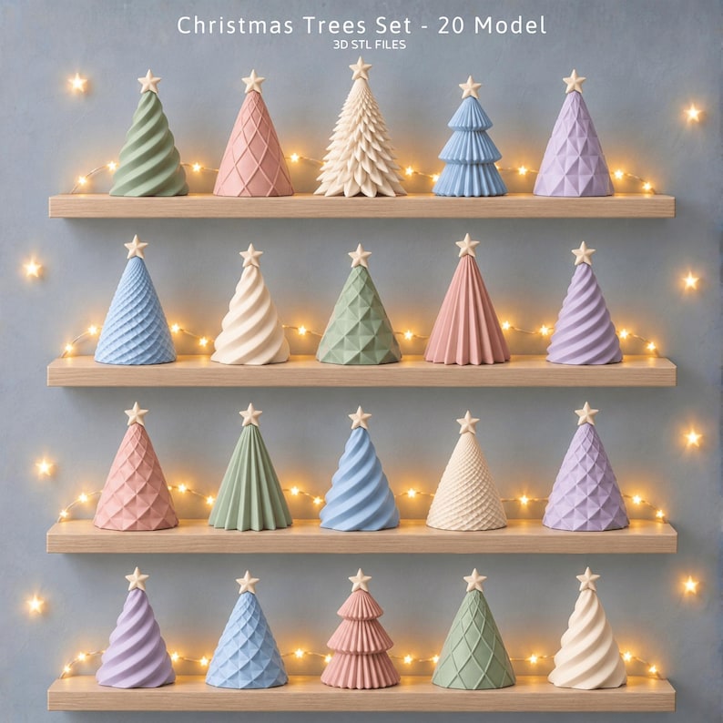 Puede incluir: Un conjunto de 20 modelos de &aacute;rboles de Navidad en forma de cono con diversas texturas geom&eacute;tricas y colores pastel, cada uno coronado con una peque&ntilde;a estrella. El texto "Christmas Trees Set - 20 Model 3D STL FILES" aparece arriba.