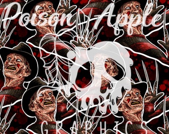 May include: A repeating pattern featuring the character Freddy Krueger wearing a brown fedora and a red and black striped sweater, with metallic clawed fingers raised against a dark background with red splatters and the text Poison Apple Graphics.