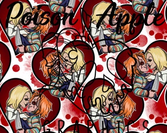 May include: A repeating pattern featuring a cartoon couple with orange and blonde hair, one holding a knife, set against a dark red heart background with red circular splatters on a white surface. The text Poison Apple Graphics is overlaid.
