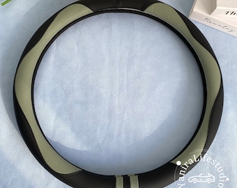 Vintage Black Green Steering Wheel Covers,Non Slip Leather Steering Wheel Cover For Men,Custom Text Handlebar Cover,15 in /38cm Wheel Covers