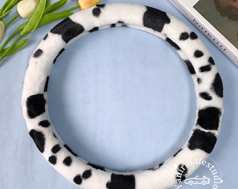 Cute Cow Print Steering Wheel Cover,Warm Plush Cow Steer Wheel Cover for Women,Custom Text Soft Fluffy Steering Wheel Cover, Car Accessories