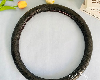 Classic Black Leather Steering Wheel Cover,Minimalist Anti Slip Steering Wheel Cover For Women Men,Custom Text Handlebar Cover,Car Accessory