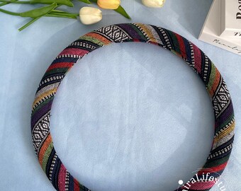 Vintage Colorful Linen Boho Steering Wheel Cover,Ethnic Totem Women Steering Wheel Cover,Custom Text Anti-skid Handlebar Cover,Car Accessory