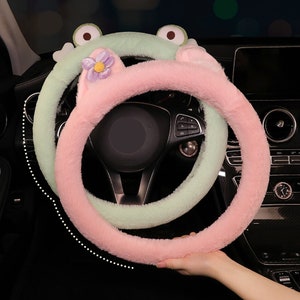 Cute Ears Car Steering Wheel Covers Fluffy Genuine Sheepskin Steering Wheel  Covers Universal Fit Interior Accessories-Green Frog