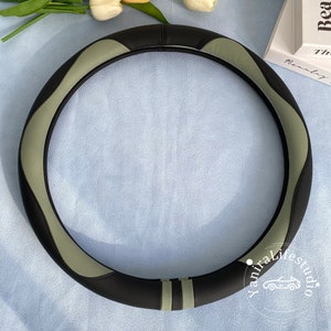 Vintage Black Green Steering Wheel Covers,Non Slip Leather Steering Wheel Cover For Men,Custom Text Handlebar Cover,15 in /38cm Wheel Covers