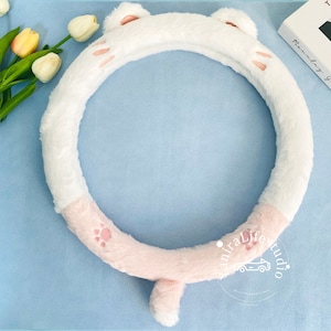 Embroidered Pink White Cat Paw Steering Wheel Cover,Cute Furry Cat Ear Tail Steering Wheel Cover for Women,Custom Text Streering Wheel Cover