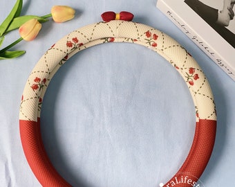 Cute Red Cherry Flower Steering Wheel Cover for Women,Custom Text Anti Slip Breathable Steer Wheel Cover,Four Seasons Universal Wheel Cover