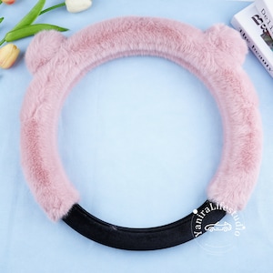 Winter Soft Plush Pink Bear Car Steering Wheel Cover,Custom Text Cozy Warm Fluffy Steering Wheel Cover,Car Interior for Women,Auto Accessory