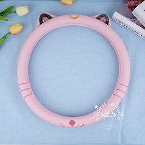 Pink Moon Witch Cat Steering Wheel Cover for Women,Custom Text Suede PU Leather Cat Steering Wheel Cover,Car Accessories Gift for Cat Lover