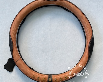 Retro Black Brown Italian Calf Leather Steering Wheel Cover,Wear-resistant Steer Wheel Cover for Men Women,Custom Text Car Handlebar Covers