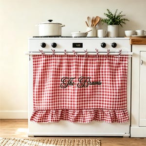 Embroidered Name Oven Cover, Personalized Gingham Stove Curtain, Farmhouse Kitchen Decor, Oven Door Curtain, Kitchen Accessory