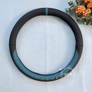 Peacock Blue Black Steering Wheel Cover,Custom Text Four Seasons Imitation Leather Wheel Cover for Women Men,Anti Slip Steer Wheel Protector