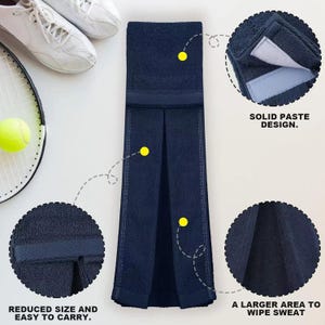 May include: A navy blue rectangular towel with a textured surface, featuring a hook-and-loop fastener at the top. The towel is displayed with circular callouts highlighting the solid paste design, reduced size, and a larger area to wipe sweat.