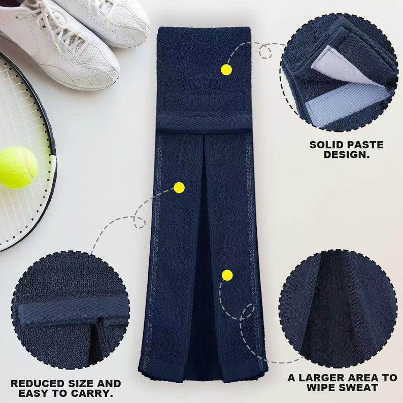 May include: A navy blue rectangular towel with a textured surface, featuring a hook-and-loop fastener at the top. The towel is displayed with circular callouts highlighting the solid paste design, reduced size, and a larger area to wipe sweat.
