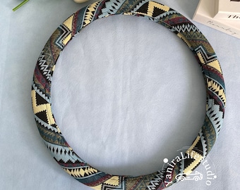 Housse de volant colorée en lin de style ethnique bohème pour femme, Housse de volant avec texte personnalisé, Accessoires auto, Protection de volant de voiture
