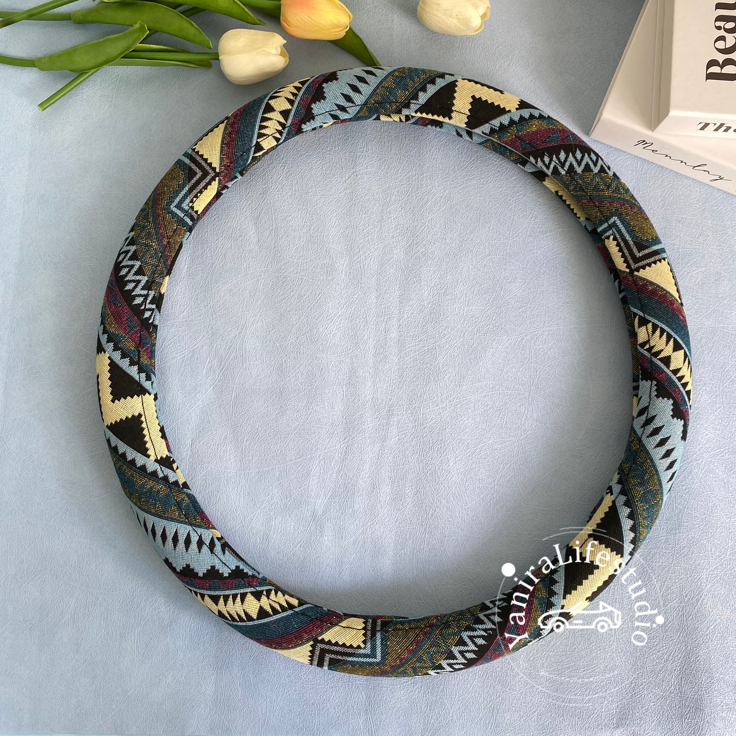 Colorful Boho Ethnic Style Linen steering wheel cover for women,Custom Text Steer Wheel Cover,Auto Accessories,Car Steering Wheel Protection