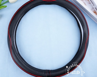 Minimalist Black Red Leather Steering Wheel Cover,Embossed Italian Calf Leather Anti Slip Steer Wheel Cover,Custom Text Car Handlebar Cover