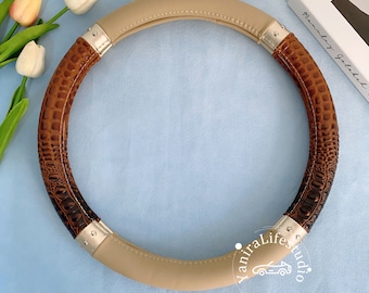 Beige Brown Leather Steer Wheel Covers,Non Slip Crocodile Pattern Steer Wheel Covers For Men Women,Custom Text Handlebar Cover,Car Interiors