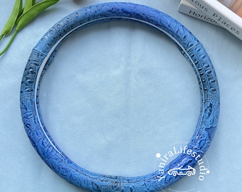 Fashion Blue Leather Steering Wheel Covers,Non Slip Croco Leaf Pattern Steering Wheel Cover For Men,Custom Text Handlebar Cover,Car Interior