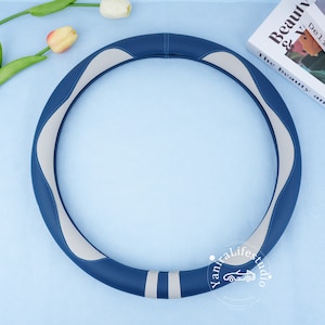 Blue Gray Leather Steering Wheel Cover for Men,Custom Text Four Seasons Universal Wheel Cover,15 IN Anti Slip Comfort Steer Wheel Protector