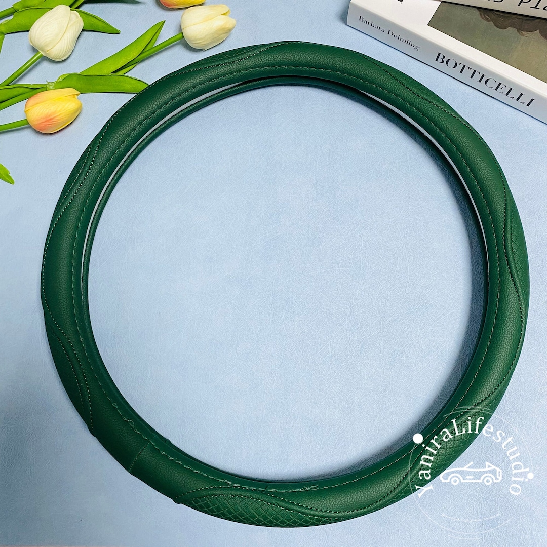 Vintage Dark Green Steering Wheel Cover,15''/38cm Custom Text Leather