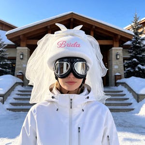 Bridal Veil Ski Helmet Cover, Embroidered White Knit Hat, Wedding Snow Accessory, Wedding Outfit, Party Favor, Gift For Bride