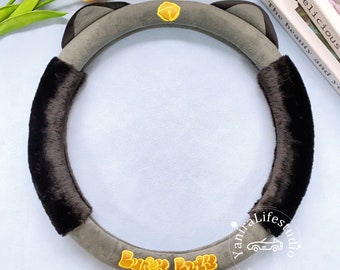 Bell Embroidered Cat Steering Wheel Cover, Cute Furry Black Gray Cat Steer Wheel Cover for Women, Custom Text Anti Slip Warm Wheel Protecter