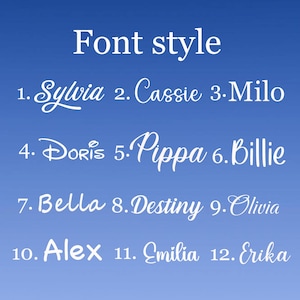 Op de afbeelding: Een blauwe gradi&euml;ntachtergrond met witte tekst met 12 lettertypen. De tekst bovenaan luidt "Font style". De lettertypen zijn genummerd en bevatten namen als Sylvia, Cassie, Milo, Doris, Pippa, Billie, Bella, Destiny, Olivia, Alex, Emilia en Erika.