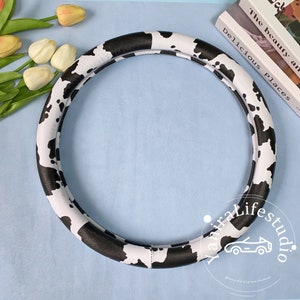 Cow Pattern Leather Steering Wheel Cover for Women Men,Cute Black White Cow PU Leather Car Steer Wheel Cover,Custom Text Steer Wheel Cover