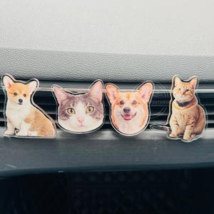 Op de afbeelding: Vier heldere acryl ventilatiedecoraties voor in de auto. De set bevat een corgi-puppy, een kat met grijze en witte markeringen, een lachende corgi en een lapjeskat. Accessoires met dierenthema.