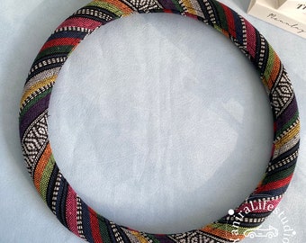 Vintage Colorful Linen Boho Steering Wheel Cover,Ethnic Totem Women Steering Wheel Cover,Custom Text Anti-skid Handlebar Cover,Car Accessory