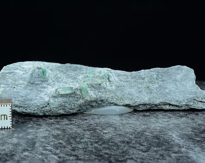 Rare rarity, several blue-green aquamarines (emeralds) on biotite slate matrix, emerald specimen Habachtal Austria, 97 x 33 x 6-12 mm