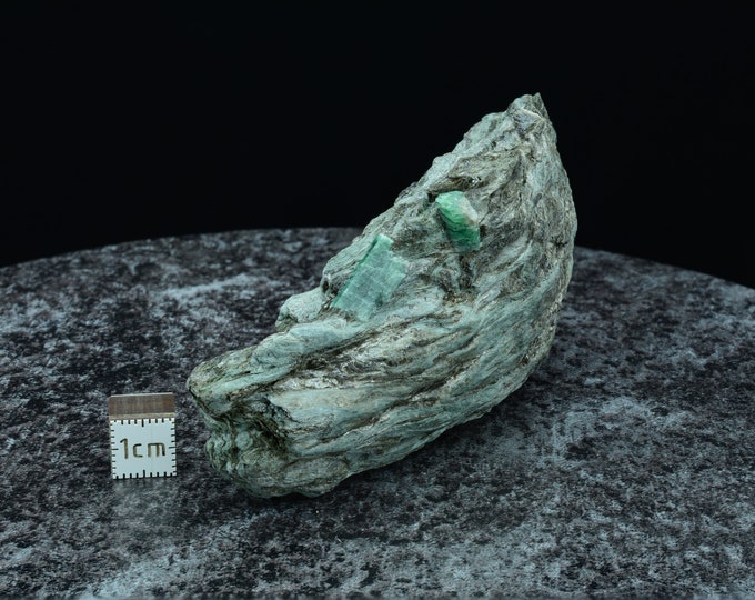 Rare rarity, 2 dark green emeralds on biotite slate matrix, emerald grade Habachtal Austria, 108 x 46 x 35 mm