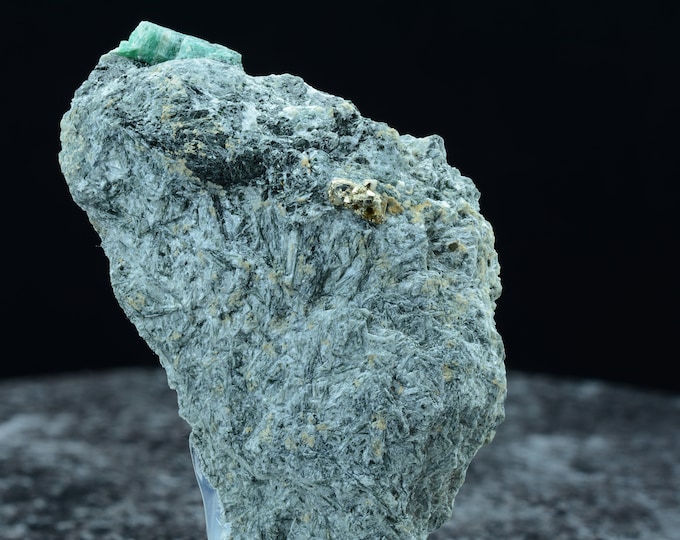 Rare rarity, beautiful light green emerald with pyrite on biotite slate matrix, emerald grade Habachtal Austria, 59 x 49 x 11 mm