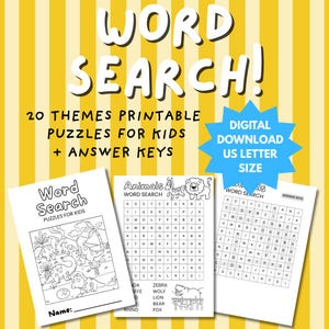 Printable Word Search Bundle for Kids – 20 Themes + Answer Keys | Vocabulary Practice Worksheets | Educational Activity PDF Download