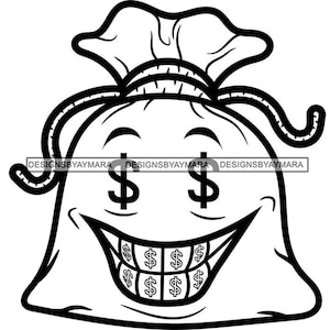 Bank Bag Character Cartoon Money Bag Smiling Dollar Sign Grill Eyes Tied Burlap Cash Currency Graphic SVG PNG JPG Cutting Files Print Design