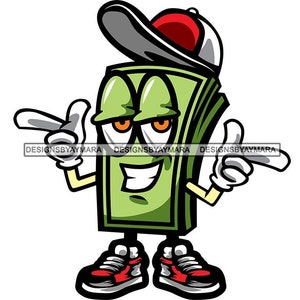 Money Character Cartoon Dollar Bill Red White Baseball Cap Fingers Pointing Red Sneakers Cash Graphic SVG PNG JPG Cutting Files Print Design