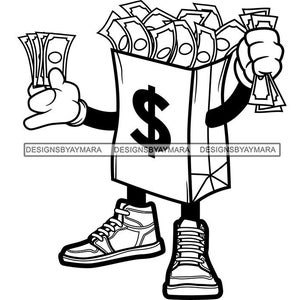 Dinheiro personagem desenho animado notas de dólar sacola de compras tênis punhado dinheiro dinheiro cifrão ícone gráfico svg png jpg arquivos de corte imprimir design