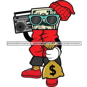 Money Character Cartoon Dollar Bills Sunglasses Skull Cap Boombox Cash Bag Color Red Jacket Graphic SVG PNG JPG Cutting Files Print Design