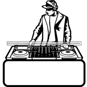 D J Rapper Music Microphone Male Headphones Turntable Jacket Vinyl Records Banner Outline Graphic SVG PNG JPG Cutting Files Print Design