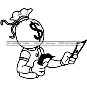 Money Bag Bank Character Cartoon Dollar Sign Bills Cash Money Outline Illustration Symbol Graphic SVG PNG JPG Cutting Files Print Design