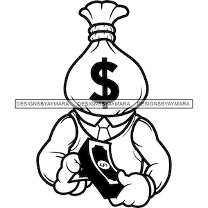 Money Bag Bank Character Cartoon Counting Money Dollar Bills Dollar Sign Vest Necktie Image Graphic SVG PNG JPG Cutting Files Print Design