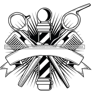 Barbershop Logo Banner Scissors Shears Razor Comb Clippers Barber Haircuts Shaves Grooming Graphic SVG PNG JPG Cutting Files Print Design