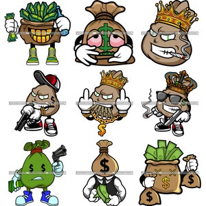 Bundle 9 Money Bag Cartoon Character Hustling Hustle Hustler Grind Grinding Money Cash Bank Ricchezza SVG PNG JPG File di taglio Disegni di stampa