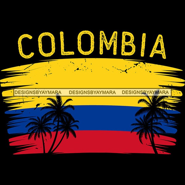 Colombia Flag Colors Palm Trees Country Yellow Blue Red Black Background Image Travel Earth Graphic SVG PNG JPG Cutting Files Print Design