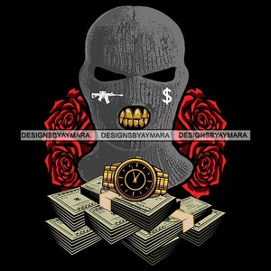 Ski Cap Skull Head Gold Grill Watch Money Dollar Sign Currency Dollars Red Roses Illustration Graphic SVG PNG JPG Cutting Files Print Design