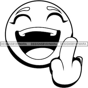 Twarz Emoji Śmiejący się Środkowy Palec Kreskówka Tatuaż Tusz Sztuka Ilustracja B/W SVG PNG JPG Clipart Wektor Projekty Sylwetka Cricut Cięcie Cięcie