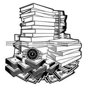 School Books Library Watch Cash Money Dollar Bills School College Education Black White Graphic SVG PNG JPG Cutting Files Print Design